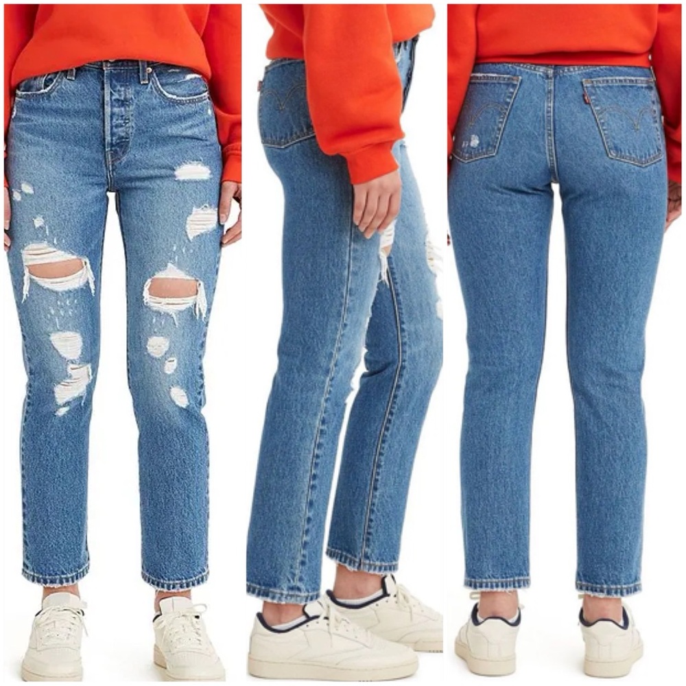 NWT Levi’s 501 High Rise Straight Cropped Ankle Distressed Denim Jeans